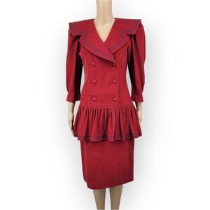 Vintage 80s Corduroy Red Double Breasted Dress Peplum Drop Waist Sailor